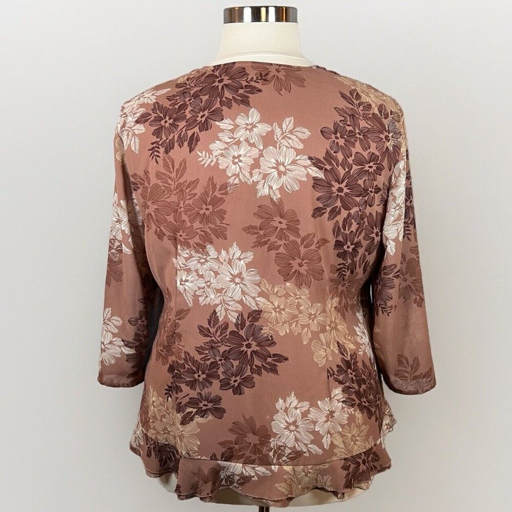 Cato Tunic Blouse Women’s Size 18/20 Brown Floral Long Sleeve Ruffle V-Neck Boho - Picture 3 of 13